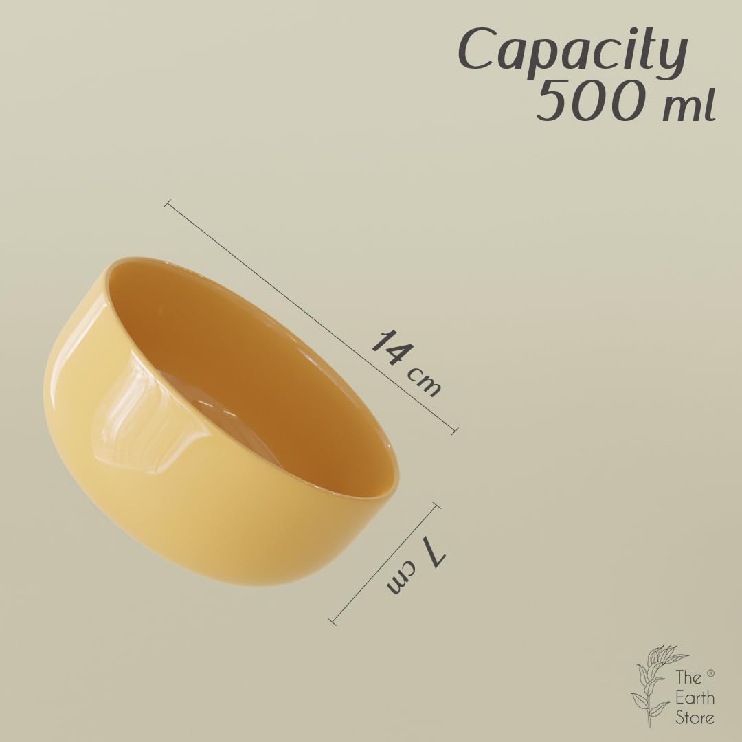 The Earth Store Solid Mustard Color 500ML Ceramic Bowl Dishwasher & Microwave Safe Bowl Mixing Bowl for Snacks, Pasta, Rice, Dal, Fruits, Salad, Noodles, Maggi and More Serving Bowl