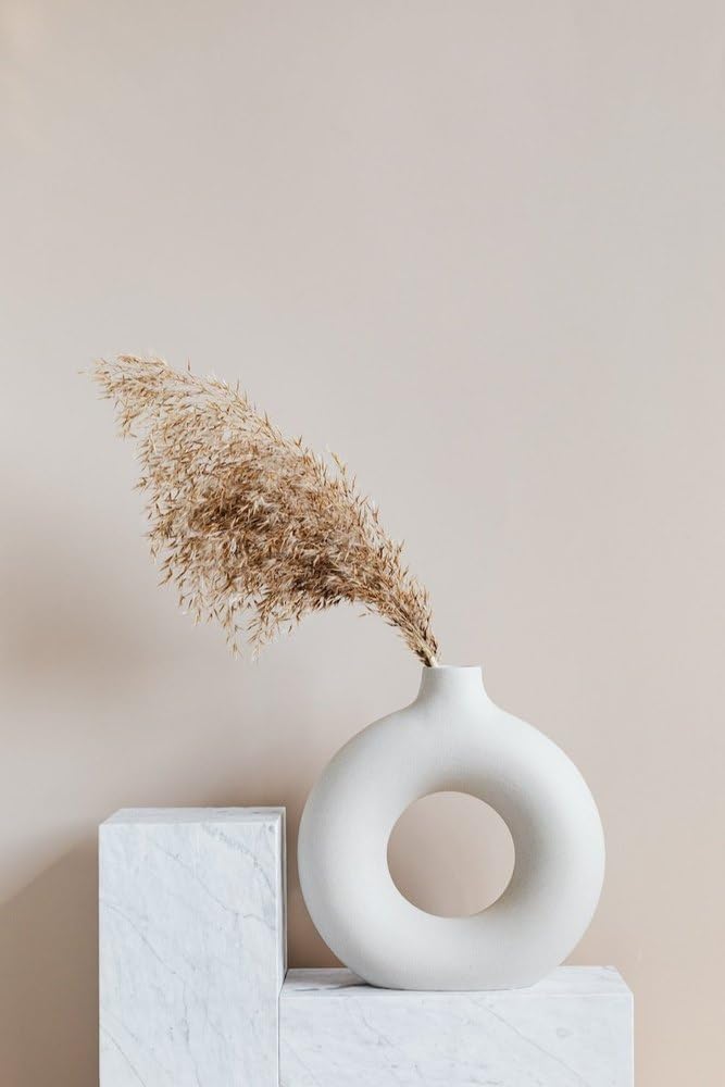 SPHINX White Ceramic Donut Vase, 6 Inch Modern Flower Vase for Pampas Grass, Dried Flowers, Home & Office Decor, Centerpiece, Handcrafted Gift Vase Only