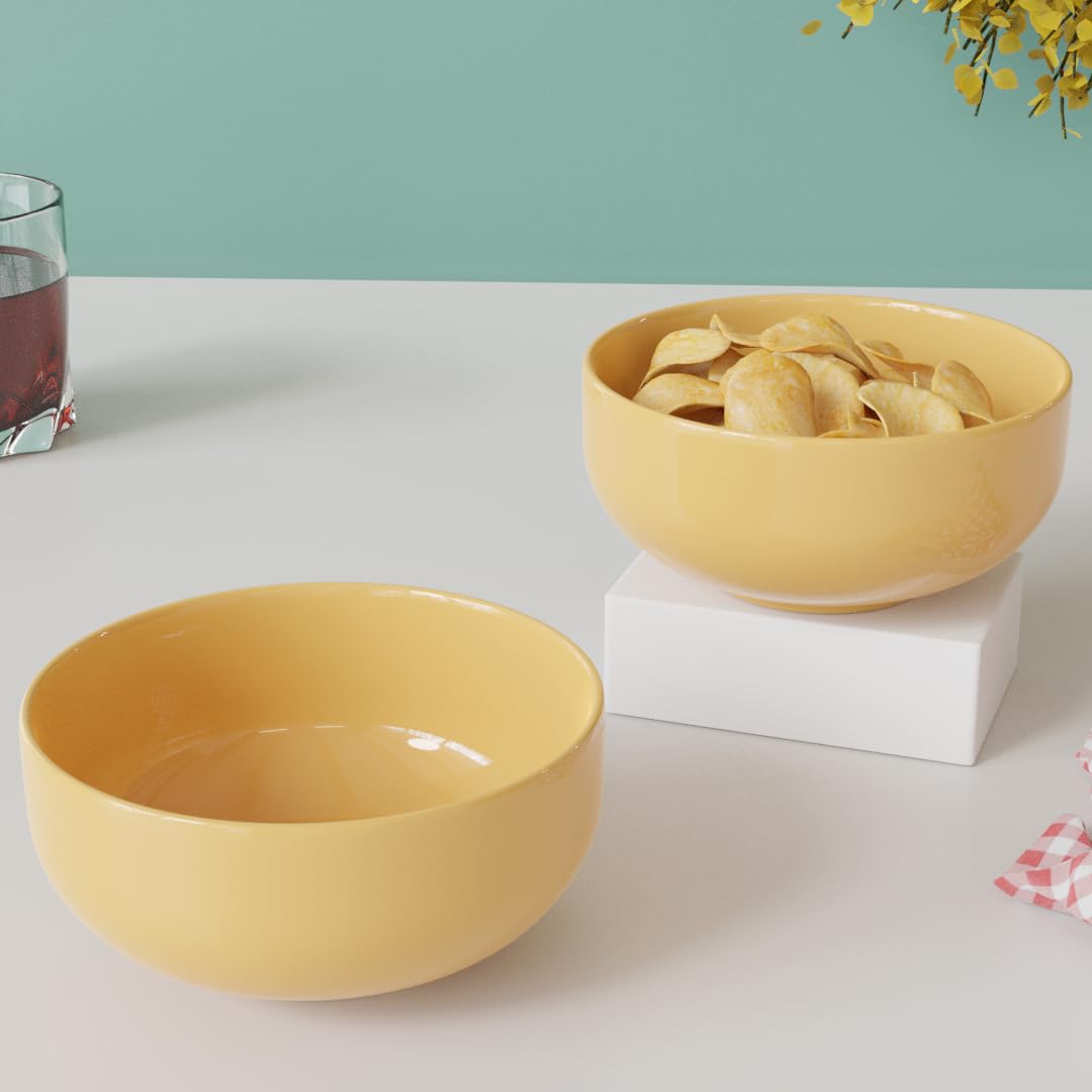 The Earth Store Solid Mustard Color 500ML Ceramic Bowl Dishwasher & Microwave Safe Bowl Mixing Bowl for Snacks, Pasta, Rice, Dal, Fruits, Salad, Noodles, Maggi and More Serving Bowl