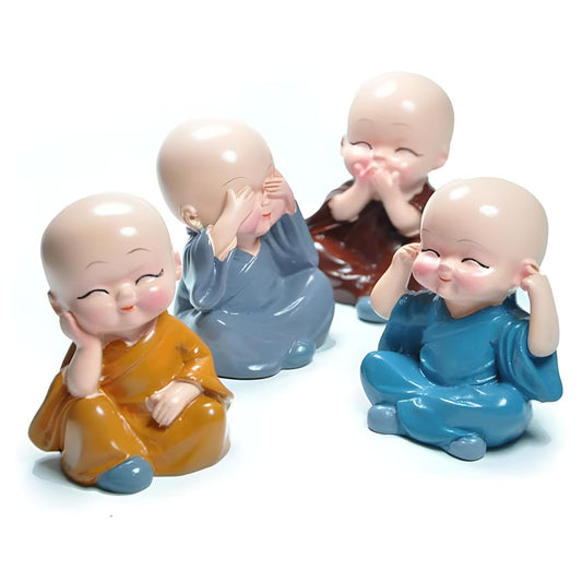 Oblivion Buddha Monk Figurines Set 4Pc – Multicolour Polyresin Decorative Statues for Home Decor, Indoor/Outdoor Garden, Car Dashboard, Wall Shelf, Office Table, Spiritual Yard Art & Unique Gift Items