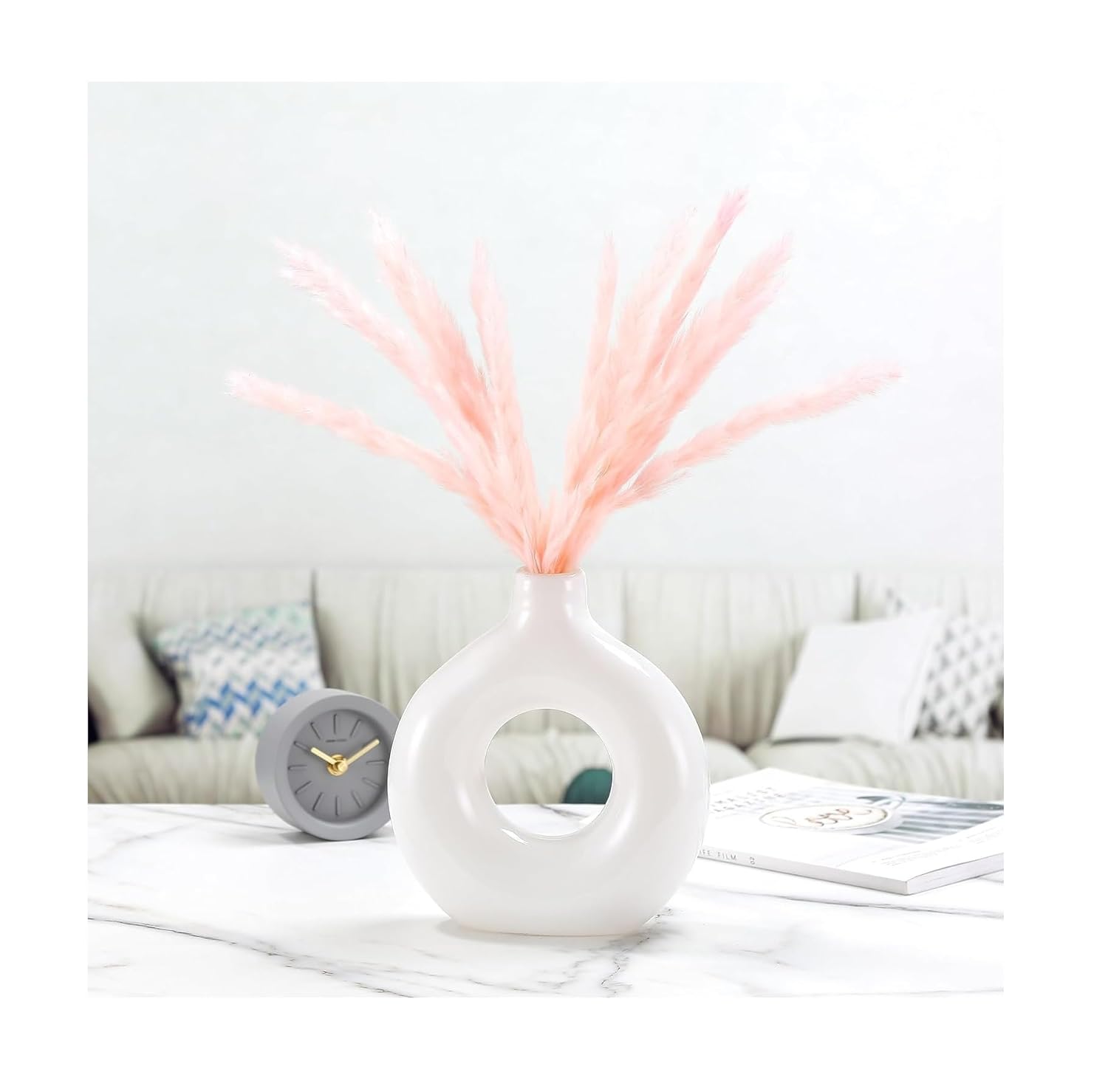 SPHINX White Ceramic Donut Vase, 6 Inch Modern Flower Vase for Pampas Grass, Dried Flowers, Home & Office Decor, Centerpiece, Handcrafted Gift Vase Only