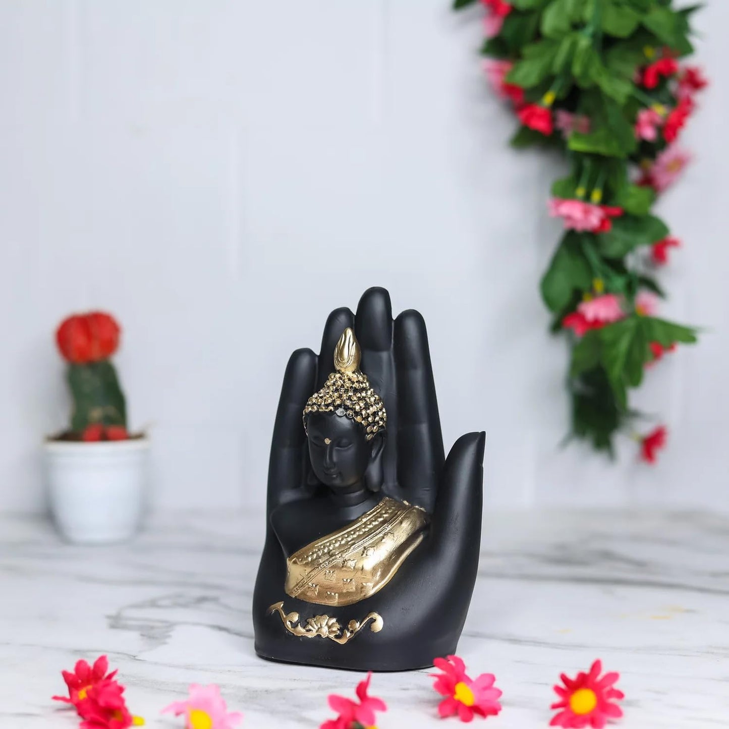 Craftvatika Golden Handcrafted Palm Buddha Idol for Home,Office and Gifts - Palm Buddha Hand Statues for Living Room Mandir Pooja Room Living Room Diwali Decor