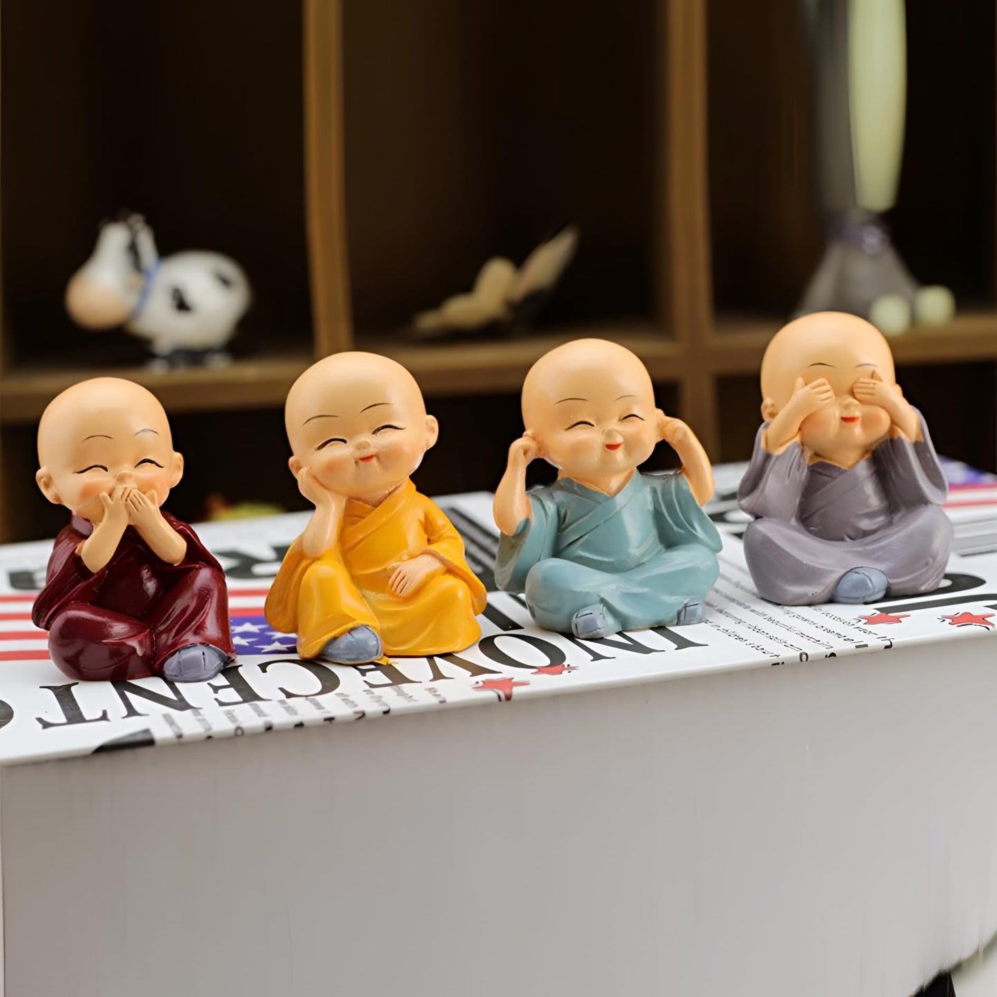Oblivion Buddha Monk Figurines Set 4Pc – Multicolour Polyresin Decorative Statues for Home Decor, Indoor/Outdoor Garden, Car Dashboard, Wall Shelf, Office Table, Spiritual Yard Art & Unique Gift Items