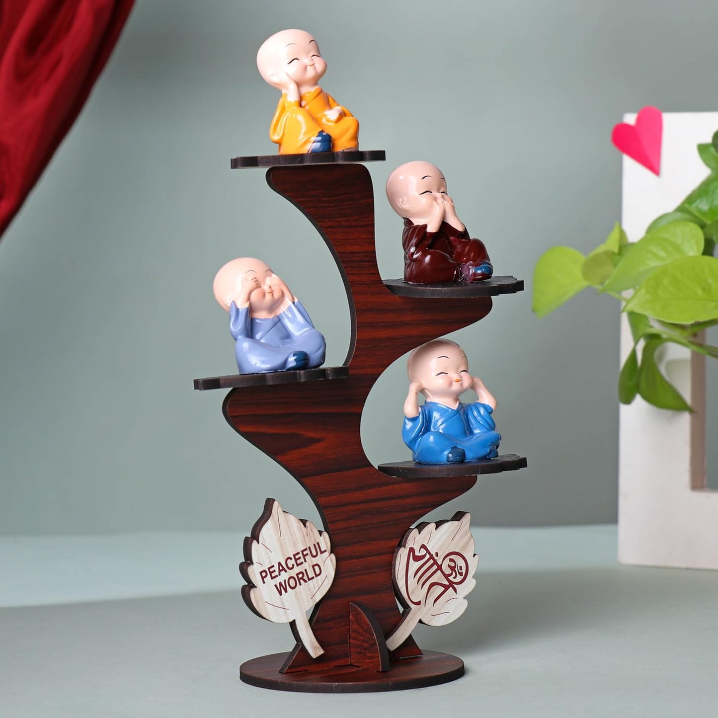 FlowerAura Decorative Set of 4 Adorable Buddha Monk Figurines With Wooden Stand For Peaceful Home Decor & Office Decor, Special Gifting, Ideal for Living Room, Meditation Spaces, and Special Occasions