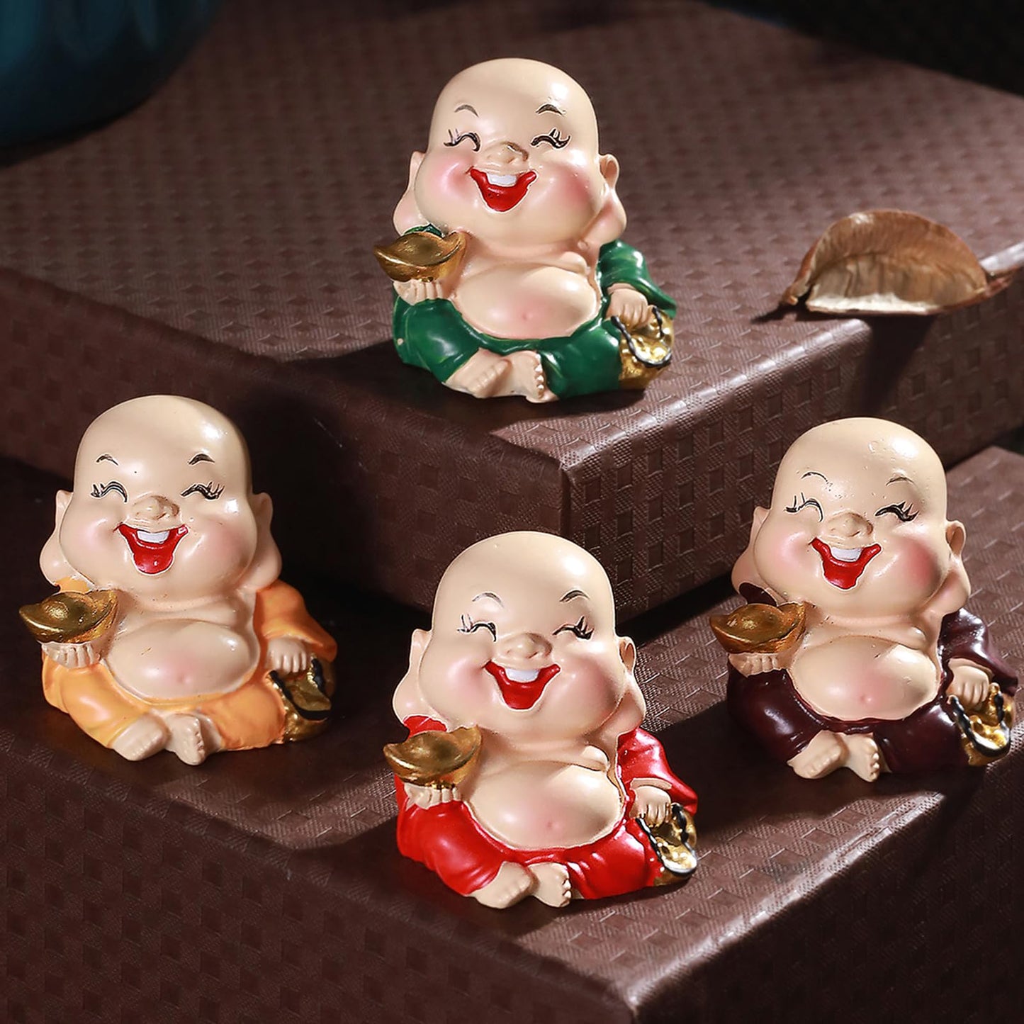 TIED RIBBONS Set of 4 Miniature Buddha Monk Statues for Home Decor and Gifts (Small, Multicolour) Resin