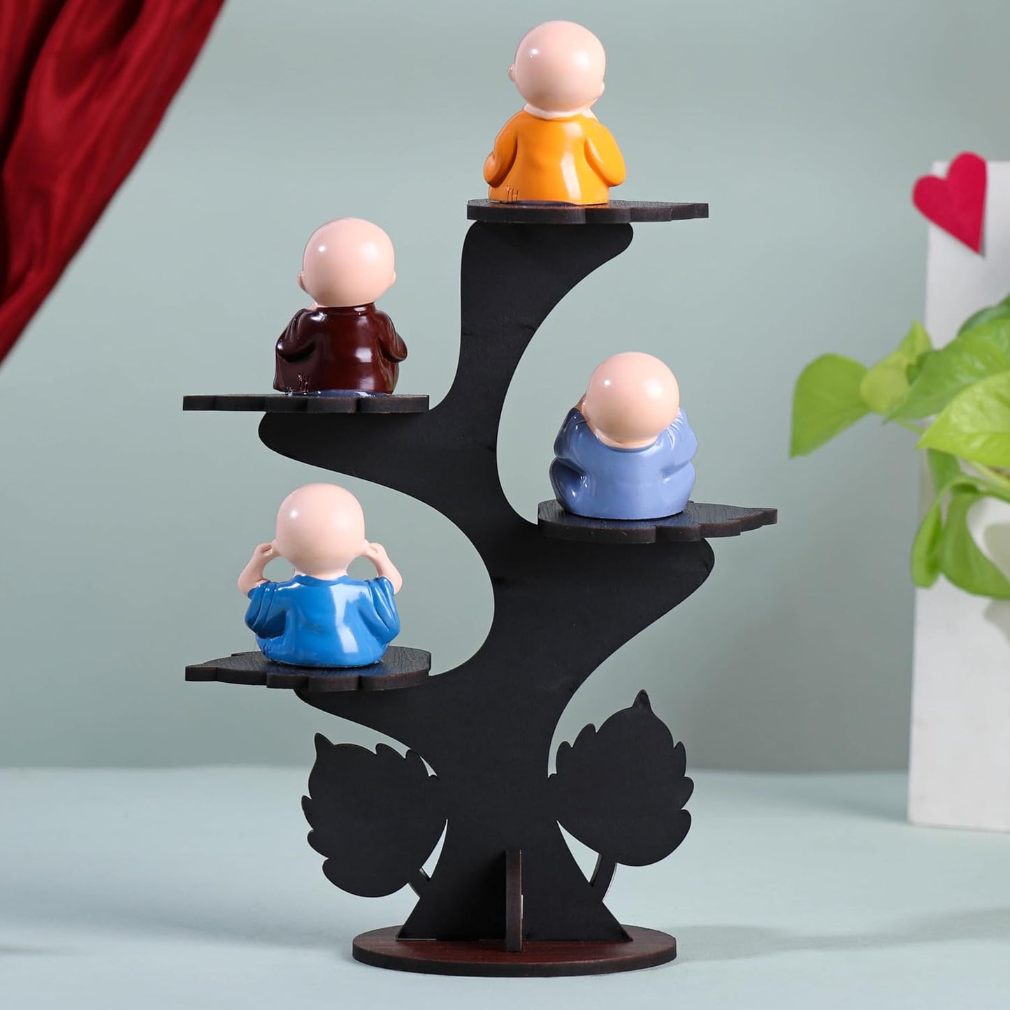 FlowerAura Decorative Set of 4 Adorable Buddha Monk Figurines With Wooden Stand For Peaceful Home Decor & Office Decor, Special Gifting, Ideal for Living Room, Meditation Spaces, and Special Occasions