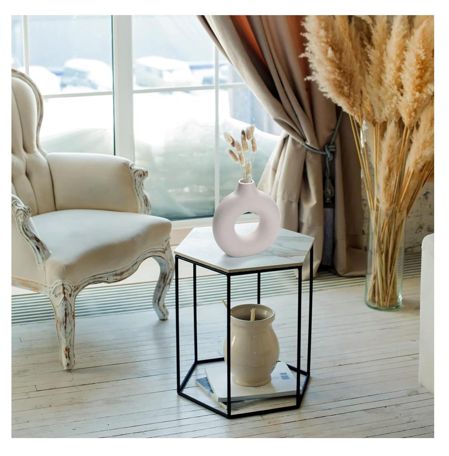 SPHINX White Ceramic Donut Vase, 6 Inch Modern Flower Vase for Pampas Grass, Dried Flowers, Home & Office Decor, Centerpiece, Handcrafted Gift Vase Only