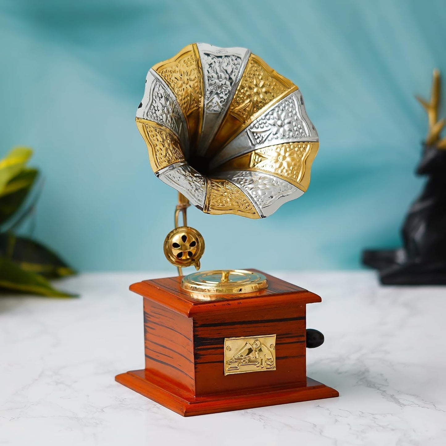JaipurCrafts Premium Sparkle Square Gramophone Showpiece - 23 cm (Brass, Brown, Gold) (Black, Gold) (Black, Gold)