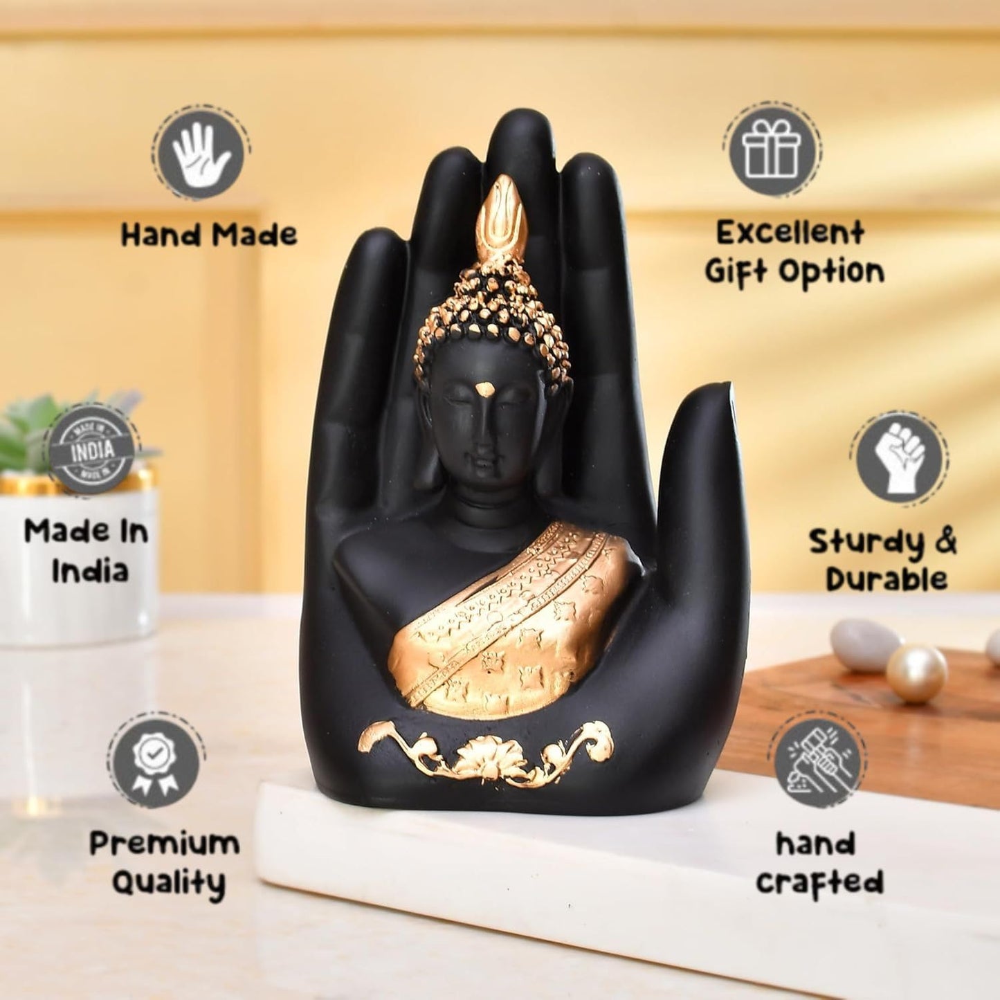 Craftvatika Golden Handcrafted Palm Buddha Idol for Home,Office and Gifts - Palm Buddha Hand Statues for Living Room Mandir Pooja Room Living Room Diwali Decor