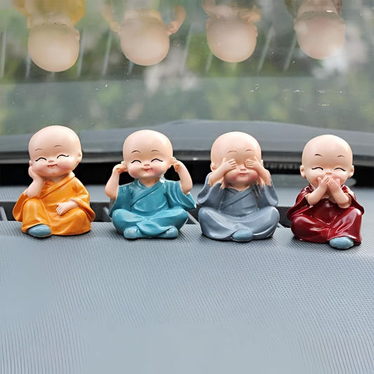 Oblivion Buddha Monk Figurines Set 4Pc – Multicolour Polyresin Decorative Statues for Home Decor, Indoor/Outdoor Garden, Car Dashboard, Wall Shelf, Office Table, Spiritual Yard Art & Unique Gift Items