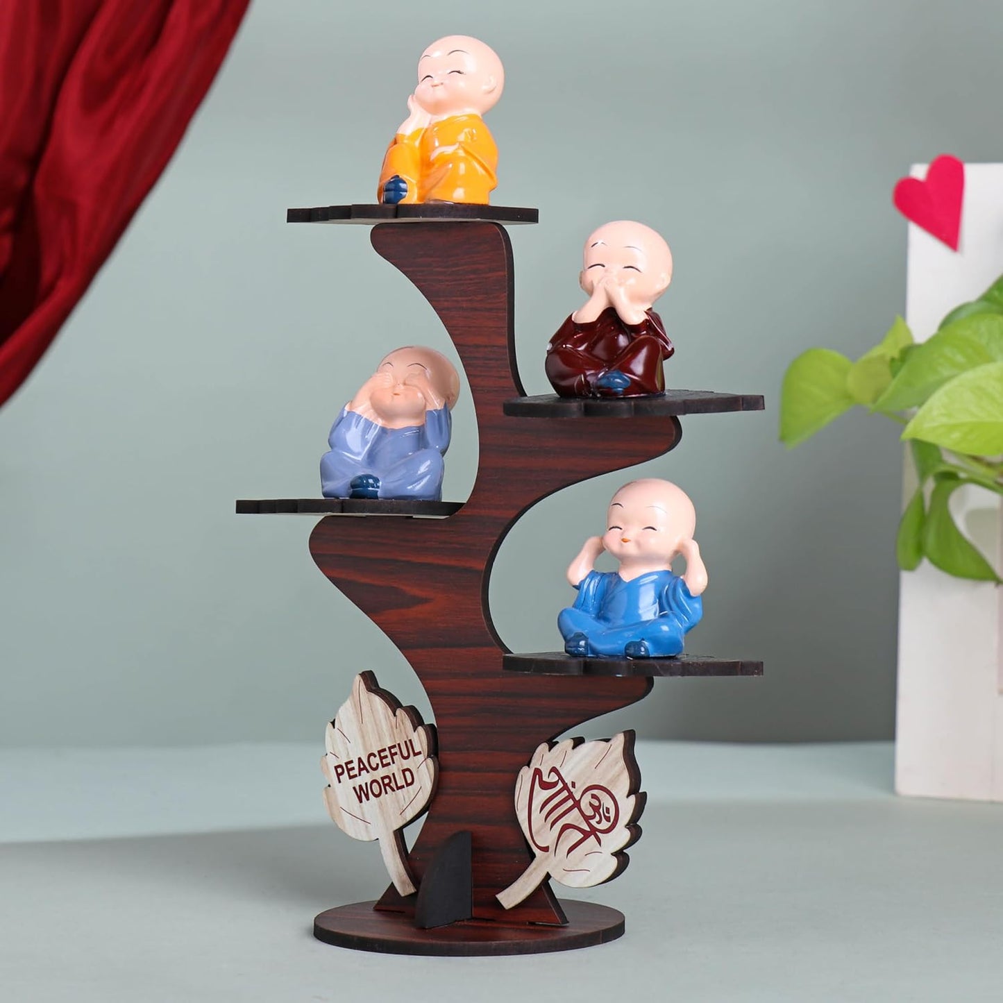 FlowerAura Decorative Set of 4 Adorable Buddha Monk Figurines With Wooden Stand For Peaceful Home Decor & Office Decor, Special Gifting, Ideal for Living Room, Meditation Spaces, and Special Occasions