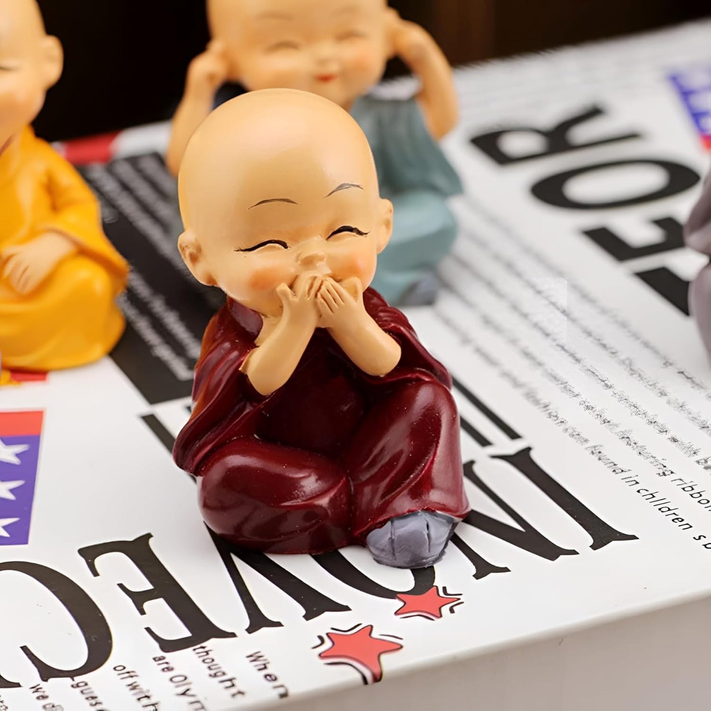 Oblivion Buddha Monk Figurines Set 4Pc – Multicolour Polyresin Decorative Statues for Home Decor, Indoor/Outdoor Garden, Car Dashboard, Wall Shelf, Office Table, Spiritual Yard Art & Unique Gift Items