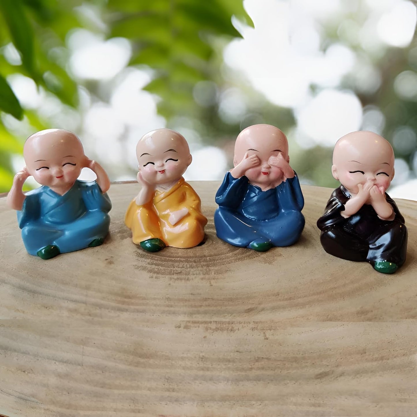 Oblivion Buddha Monk Figurines Set 4Pc – Multicolour Polyresin Decorative Statues for Home Decor, Indoor/Outdoor Garden, Car Dashboard, Wall Shelf, Office Table, Spiritual Yard Art & Unique Gift Items