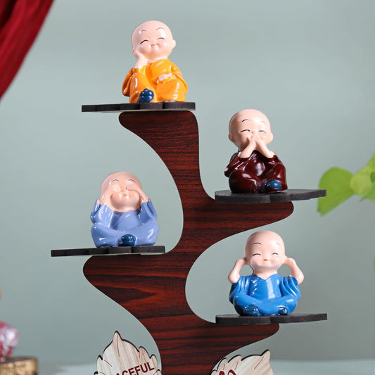 FlowerAura Decorative Set of 4 Adorable Buddha Monk Figurines With Wooden Stand For Peaceful Home Decor & Office Decor, Special Gifting, Ideal for Living Room, Meditation Spaces, and Special Occasions