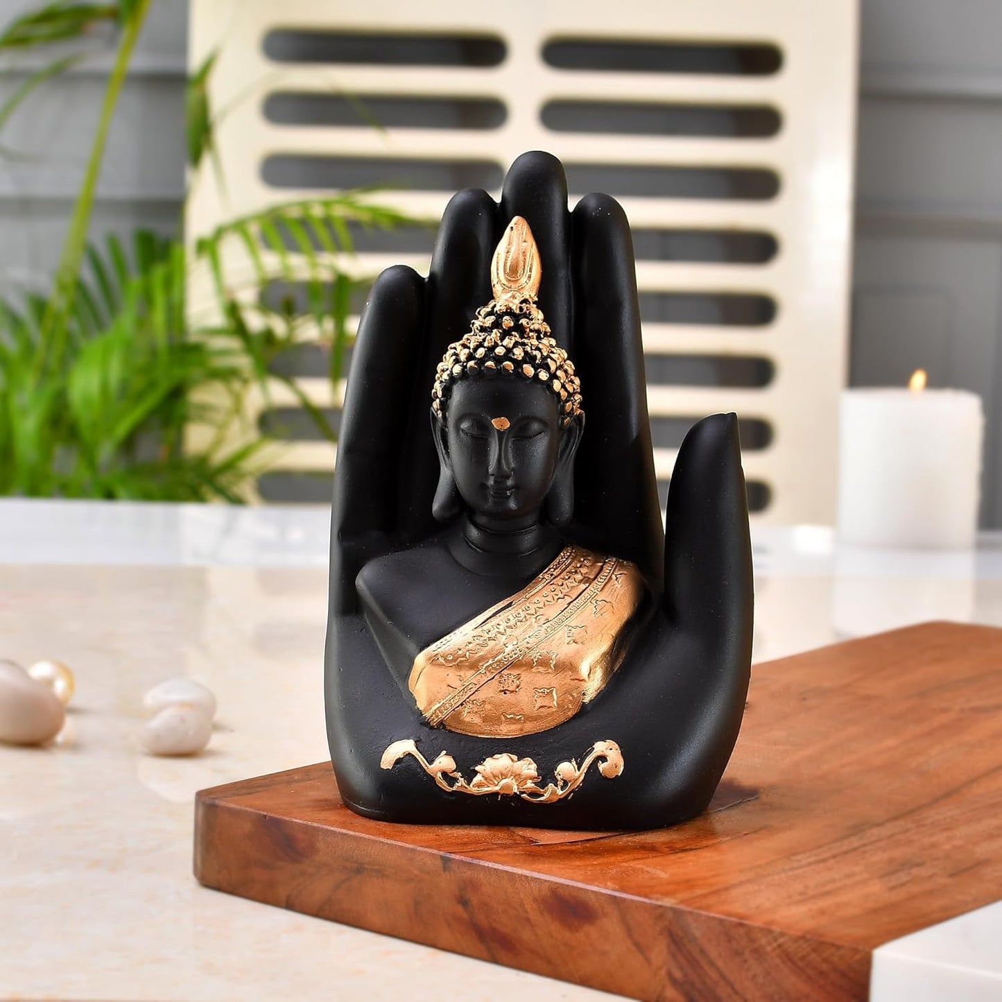 Craftvatika Golden Handcrafted Palm Buddha Idol for Home,Office and Gifts - Palm Buddha Hand Statues for Living Room Mandir Pooja Room Living Room Diwali Decor