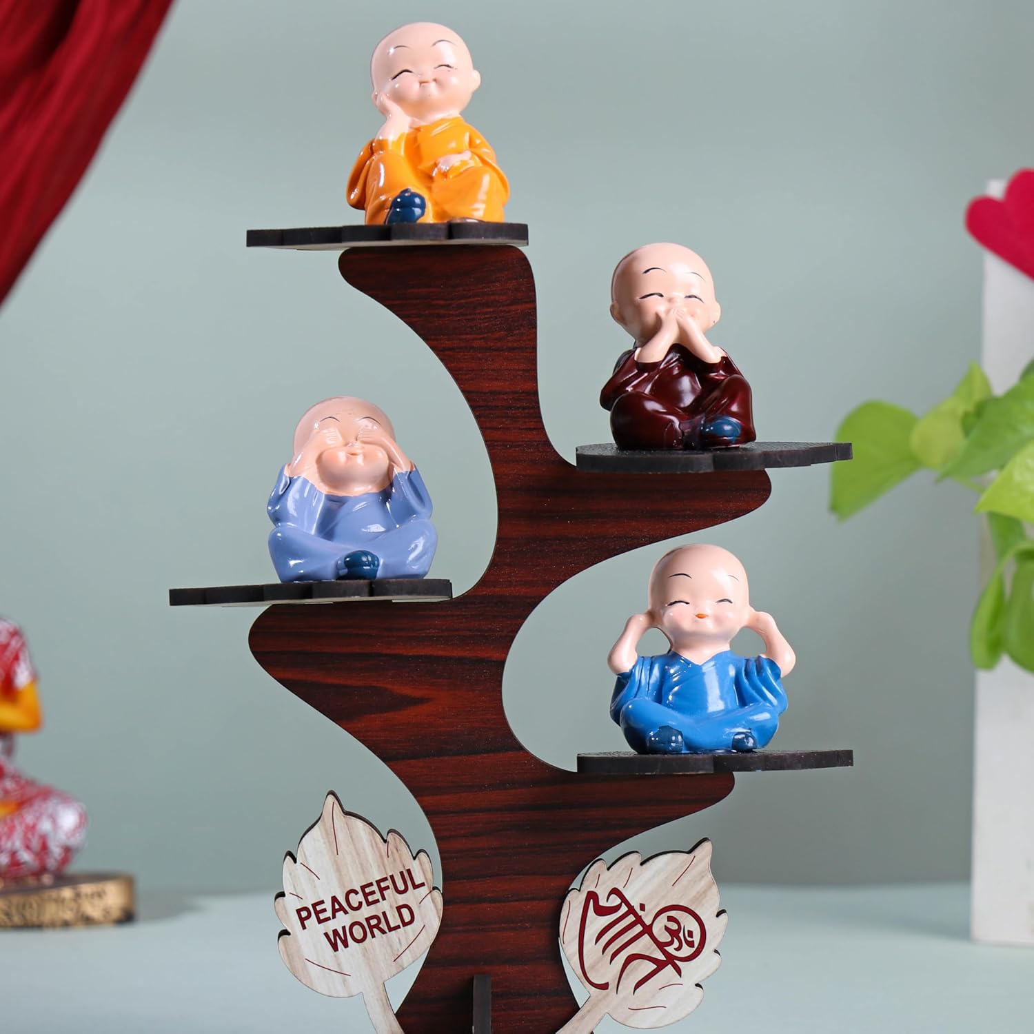 FlowerAura Decorative Set of 4 Adorable Buddha Monk Figurines With Wooden Stand For Peaceful Home Decor & Office Decor, Special Gifting, Ideal for Living Room, Meditation Spaces, and Special Occasions